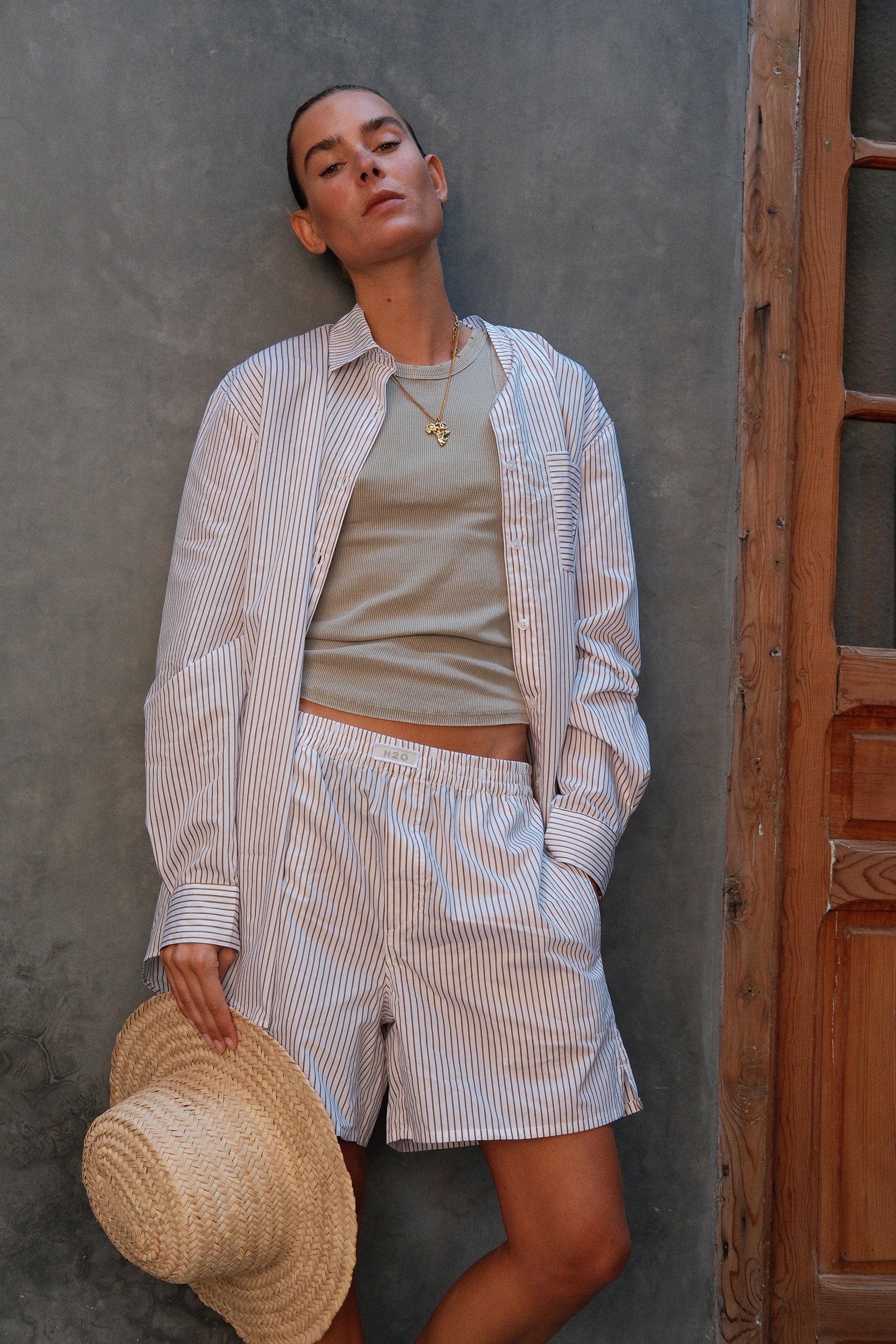 H2O Basic Rønne Pyjamas Shirt Pants 7043 White/Brown